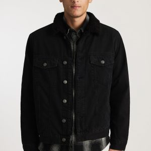 ZANDER SHERPA TRUCKER JACKET IN BLACK SHERPA CLASSIC DENIM