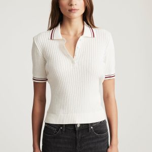 SHORT SLEEVE POLO SWEATER IN ANTIQUE WHITE