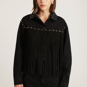 JENNA FRINGE DENIM JACKET IN SMOKE FRINGE DENIM